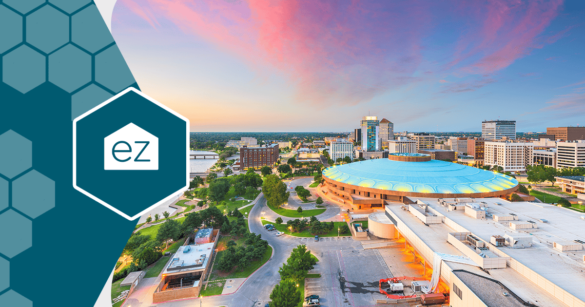 Aerial view of the Wichita, Kansas skyline at sunset