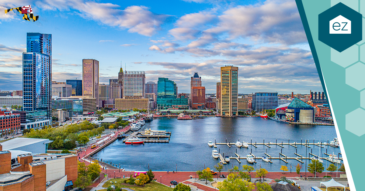 Aerial view of Baltimore's Inner Harbor and downtown skyline on the Maryland waterfront