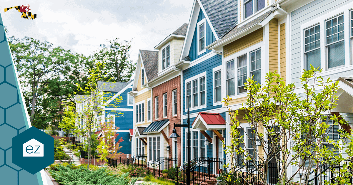 Row of modern colorful townhomes in Maryland