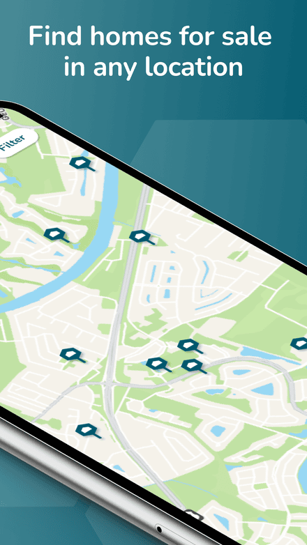 ez Home Search app showing homes for sale on a map