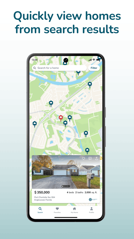 ez Home Search app showing homes from search results