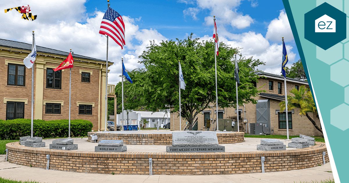 Veterans memorial with flagpoles near Fort Meade, Maryland