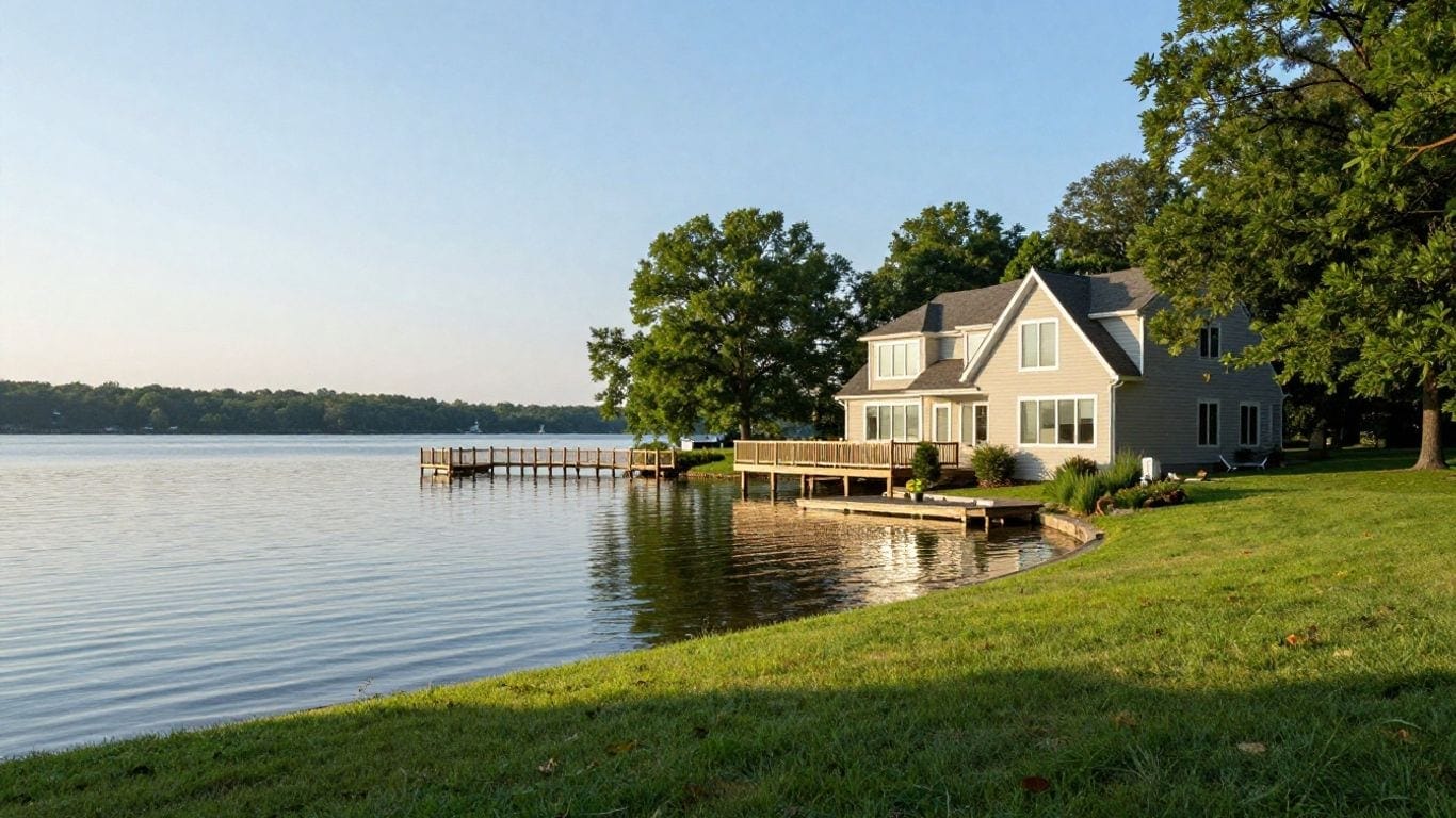 Modern lakefront home with a private dock beside a Maryland lake