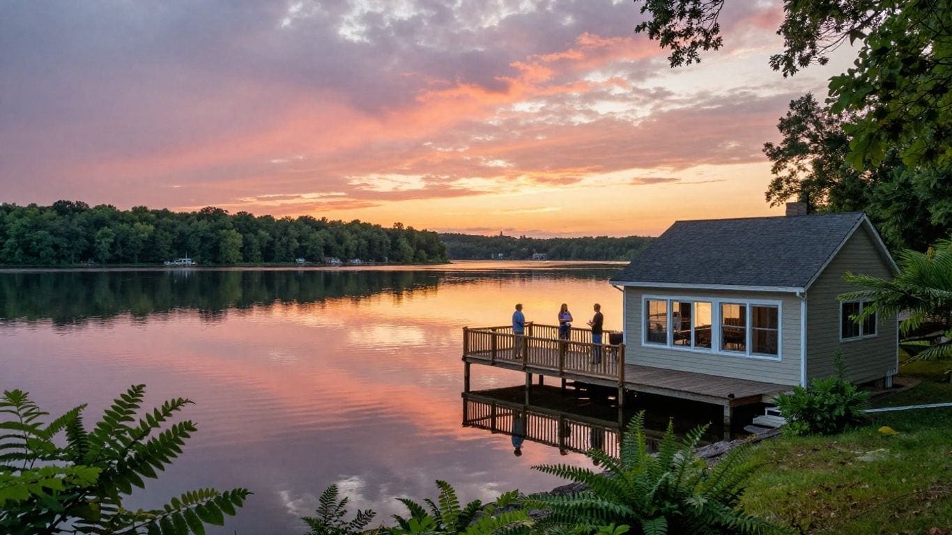 Maryland lakefront home with a deck at sunset