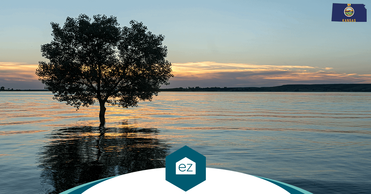 A lone tree standing in a Kansas lake at sunset
