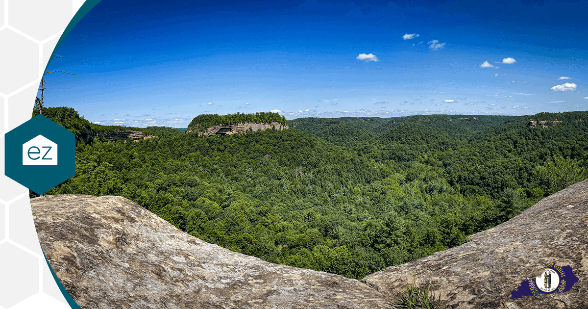 Rocky overlook above forested Appalachian hills in eastern Kentucky
