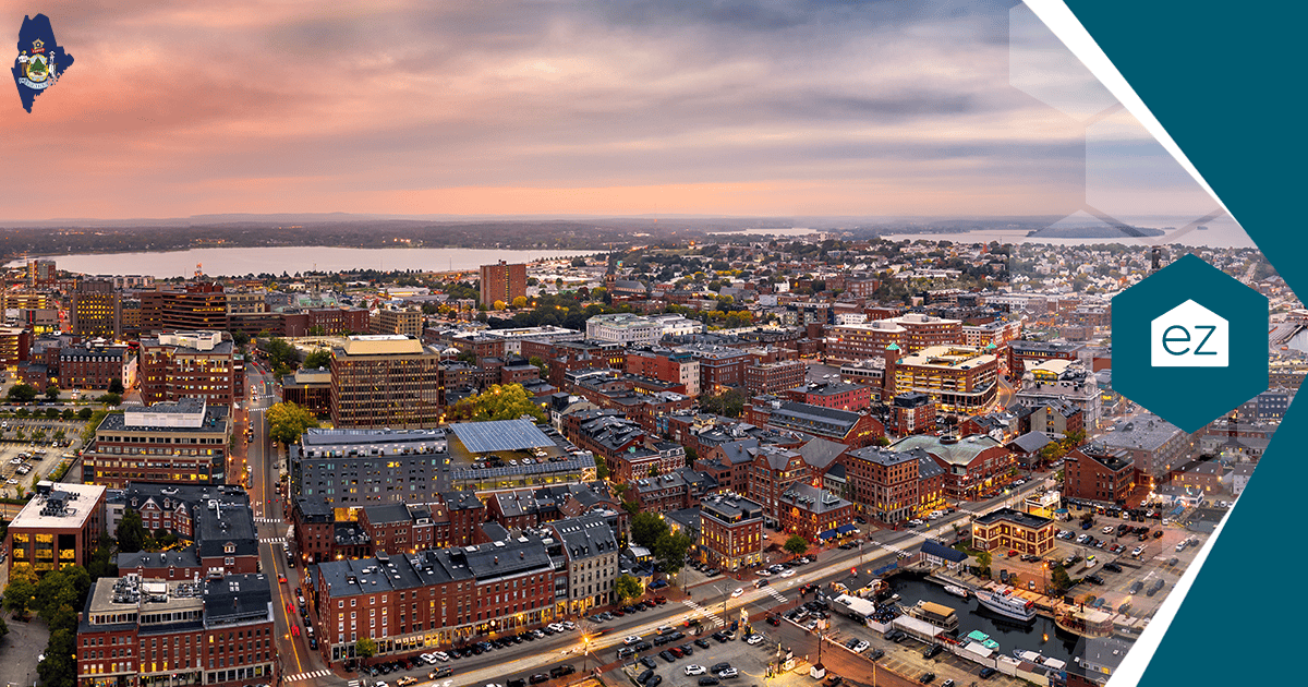 Aerial view of the Portland, Maine skyline at dusk, the state's largest metro market
