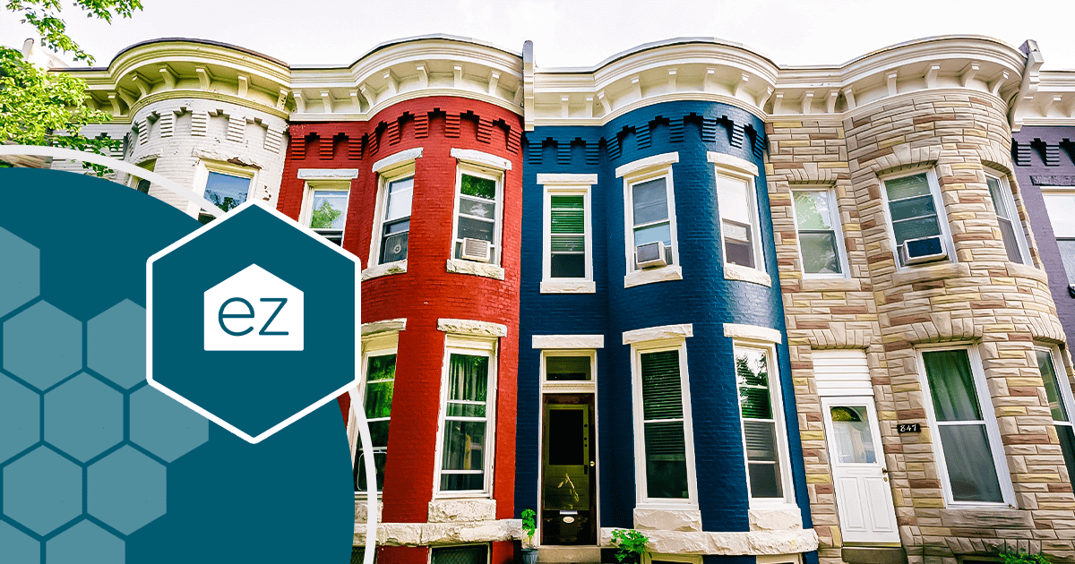 Row of colorful brick row houses in a Baltimore, Maryland neighborhood