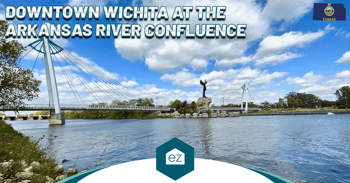 Downtown Wichita at the Arkansas River confluence with a pedestrian bridge