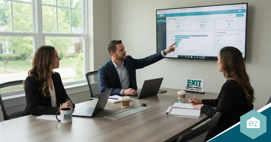 Three business professionals in a conference room look at a wall-mounted monitor displaying Tennessee real estate leads.