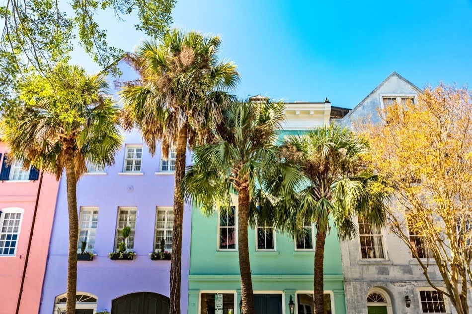 Row of pastel historic homes framed by palm trees in Charleston, South Carolina