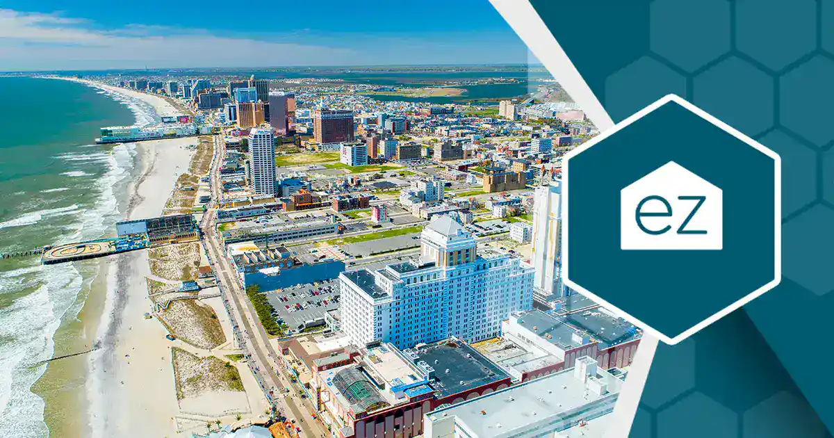 Aerial view of Atlantic City's beachfront and high-rises on the New Jersey shore