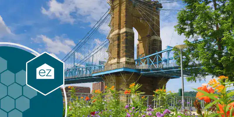 Bridge in Cincinnati, Ohio lined with colorful flowers