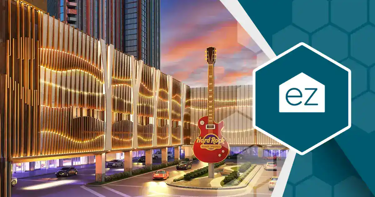 Aerial view of the Hard Rock Hotel on the Atlantic City oceanfront in New Jersey