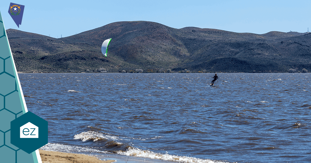 A kiteboarder on the water at Washoe Lake, Northern Nevada