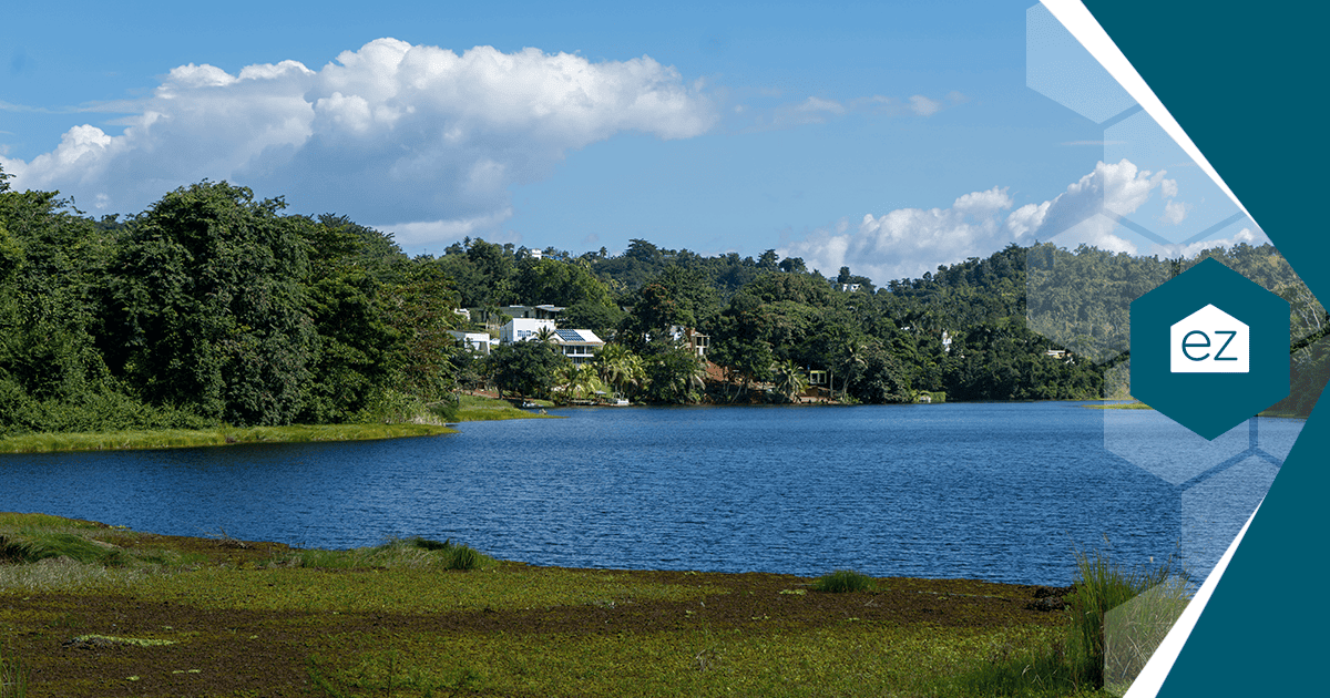 Homes set along a green hillside above a calm lake in Puerto Rico, typical of the island's smaller municipios