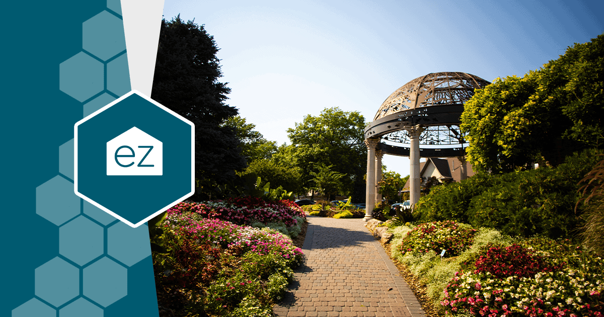 Landscaped public garden with a domed pavilion and flowering beds in Lincoln, Nebraska