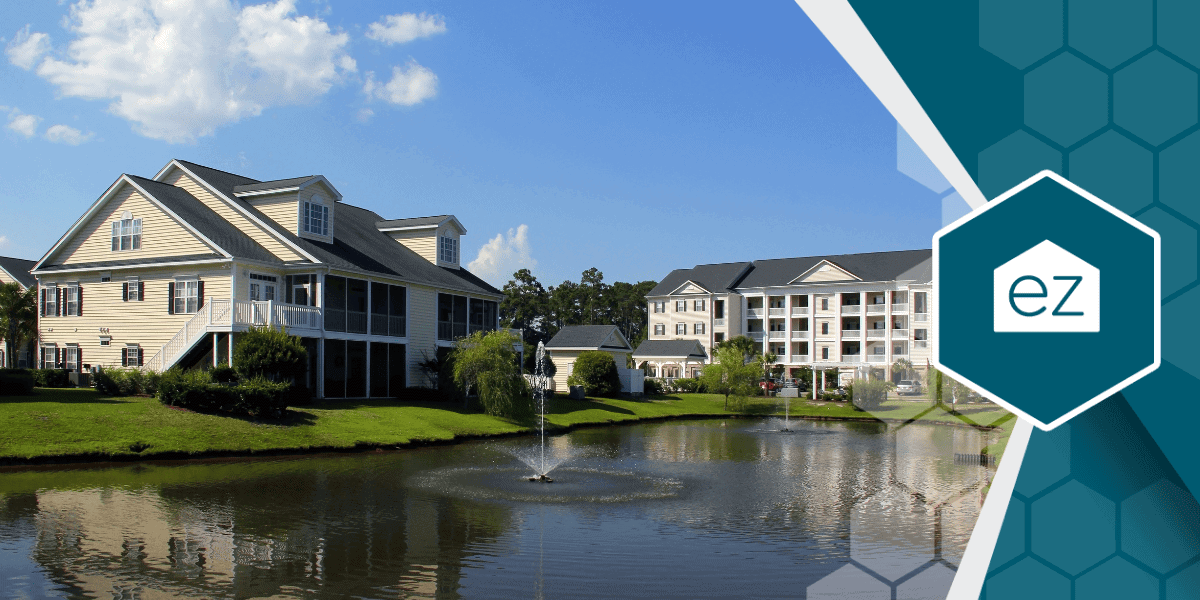 Two-story homes beside a pond and fountain in the Myrtle Beach, South Carolina area