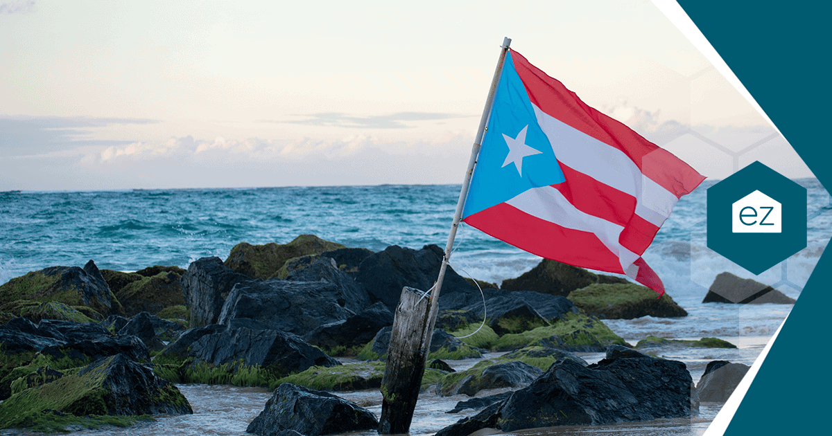 A Puerto Rican flag on a wooden pole planted in rocks beside the ocean