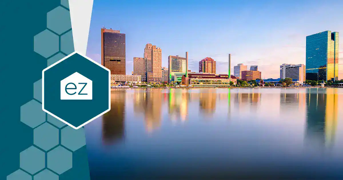 Toledo, Ohio skyline reflected on the water on a clear day