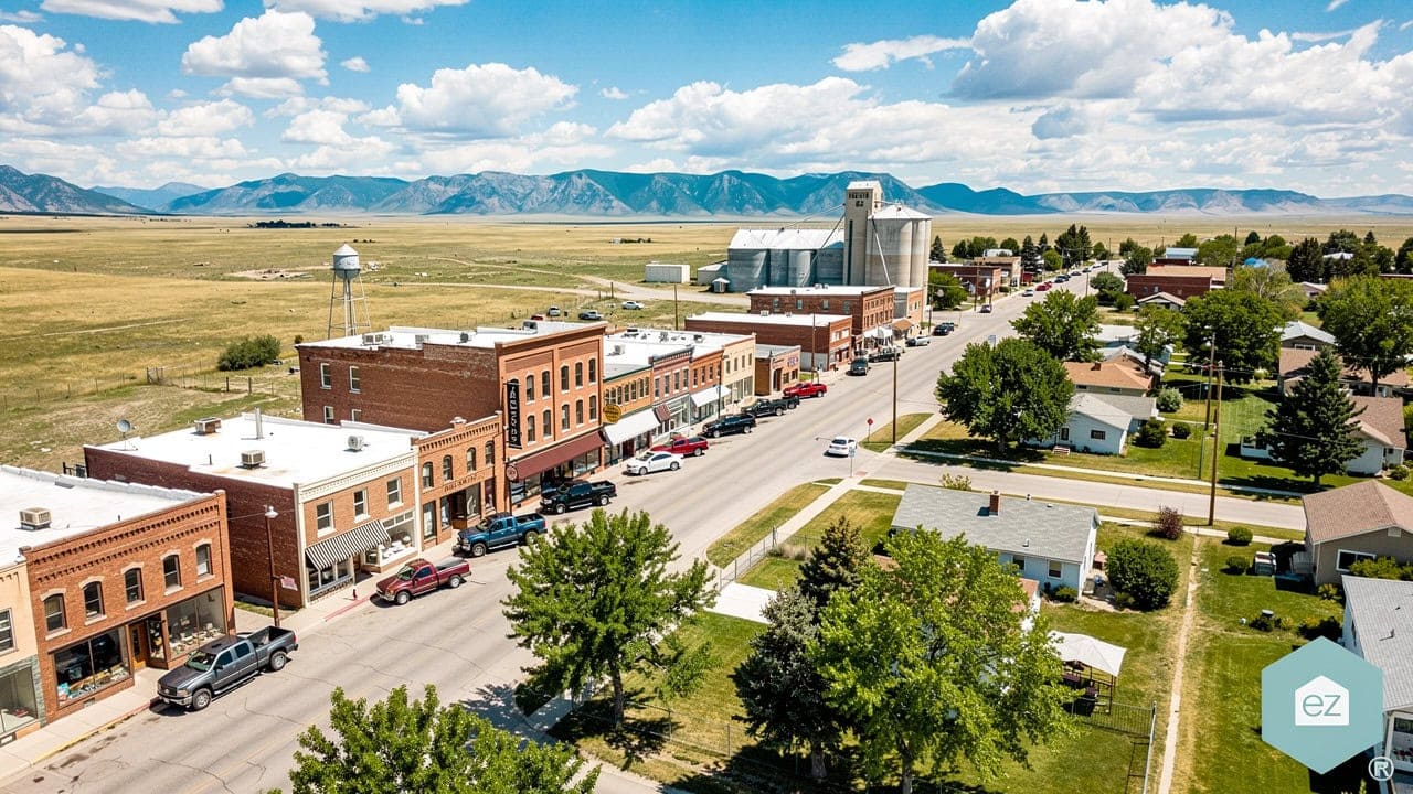 Aerial view of an affordable small Montana town with brick buildings, a water tower, and mountains beyond