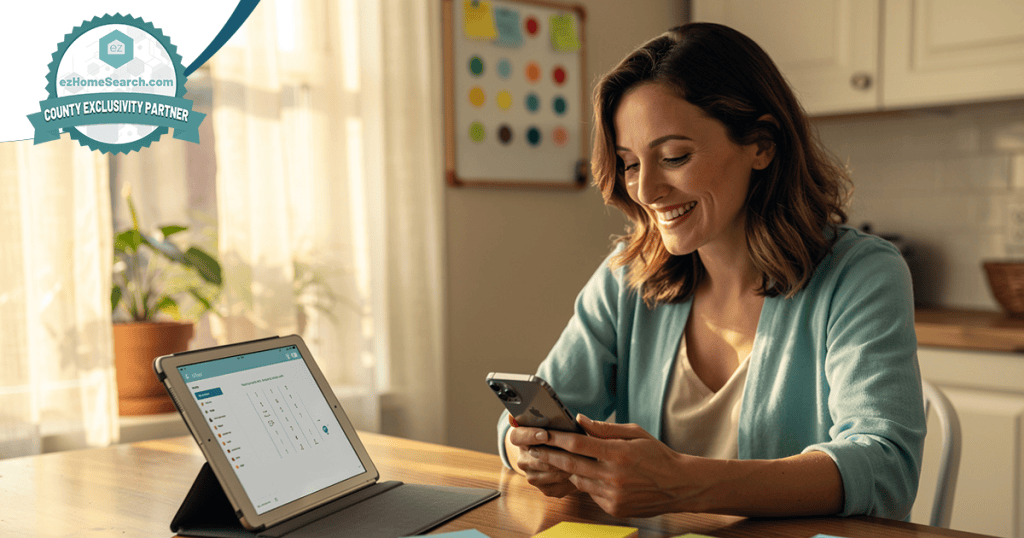 Woman sitting at a kitchen table, looking at her smartphone and smiling, with a tablet displaying a calendar app open in front of her, perhaps reviewing reminders about important calls—like those related to what is database reactivation in real estate.