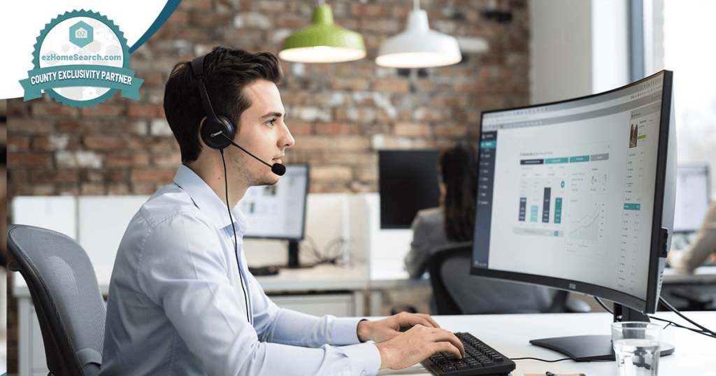Man wearing headset works at desk, looking at data and graphs on a large computer monitor in a modern office with brick walls and hanging lights, analyzing strategies on how to reactivate old real estate leads.