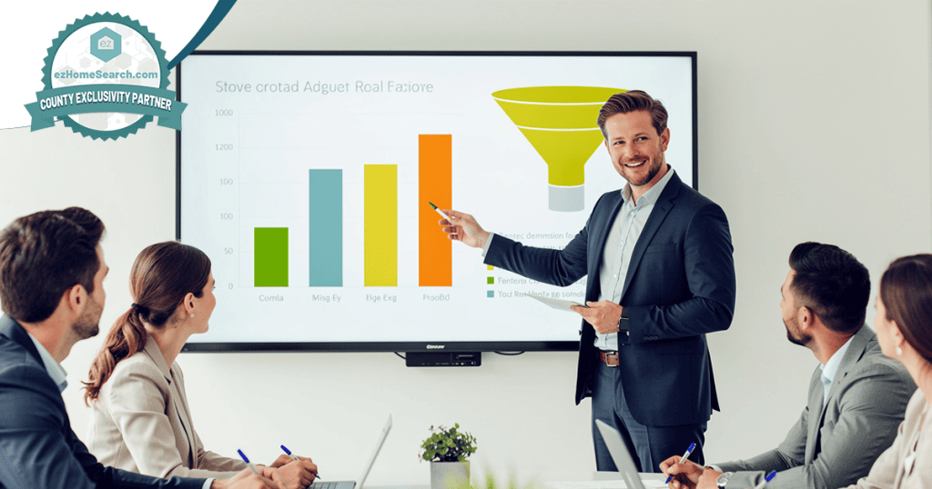 A man in a suit presents a colorful bar and funnel chart on a screen to four seated colleagues in a modern conference room, illustrating strategies such as what is database reactivation in real estate to engage past clients and boost business growth.