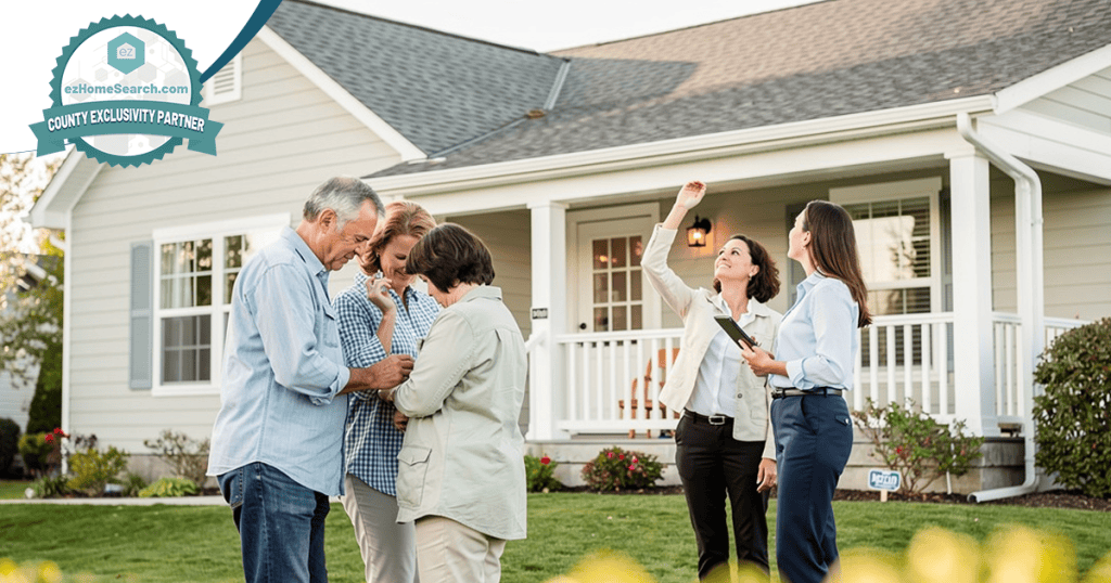 A group of people stands on the lawn outside a suburban house; as two women appear to be showing the property to the others, they discuss strategies such as how to reactivate old real estate leads.