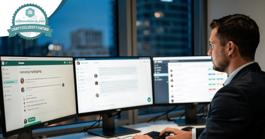 A man in an office sits at a desk working on a computer with three monitors displaying emails and chat messages, reviewing inquiries such as “what is database reactivation in real estate” to assist clients and colleagues efficiently.