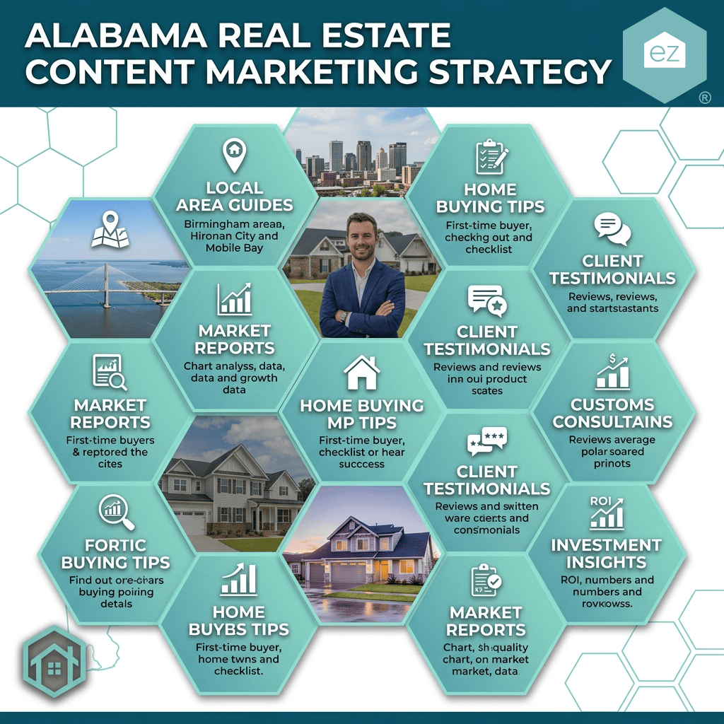 Infographic showing Alabama real estate content marketing strategies—including tips, guides, reports, testimonials, insights, and consultations—arranged around a central house image to help generate real estate leads in Alabama.