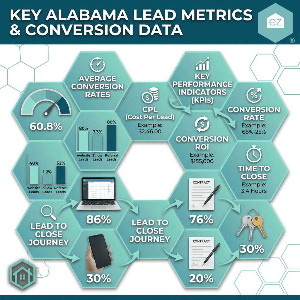 Infographic showing metrics for real estate leads in Alabama: 60.8% conversion rate, $24.60 cost per lead, $155,000 ROI, 3-4 hours close time, and percentage breakdowns of lead sources and conversion stages.