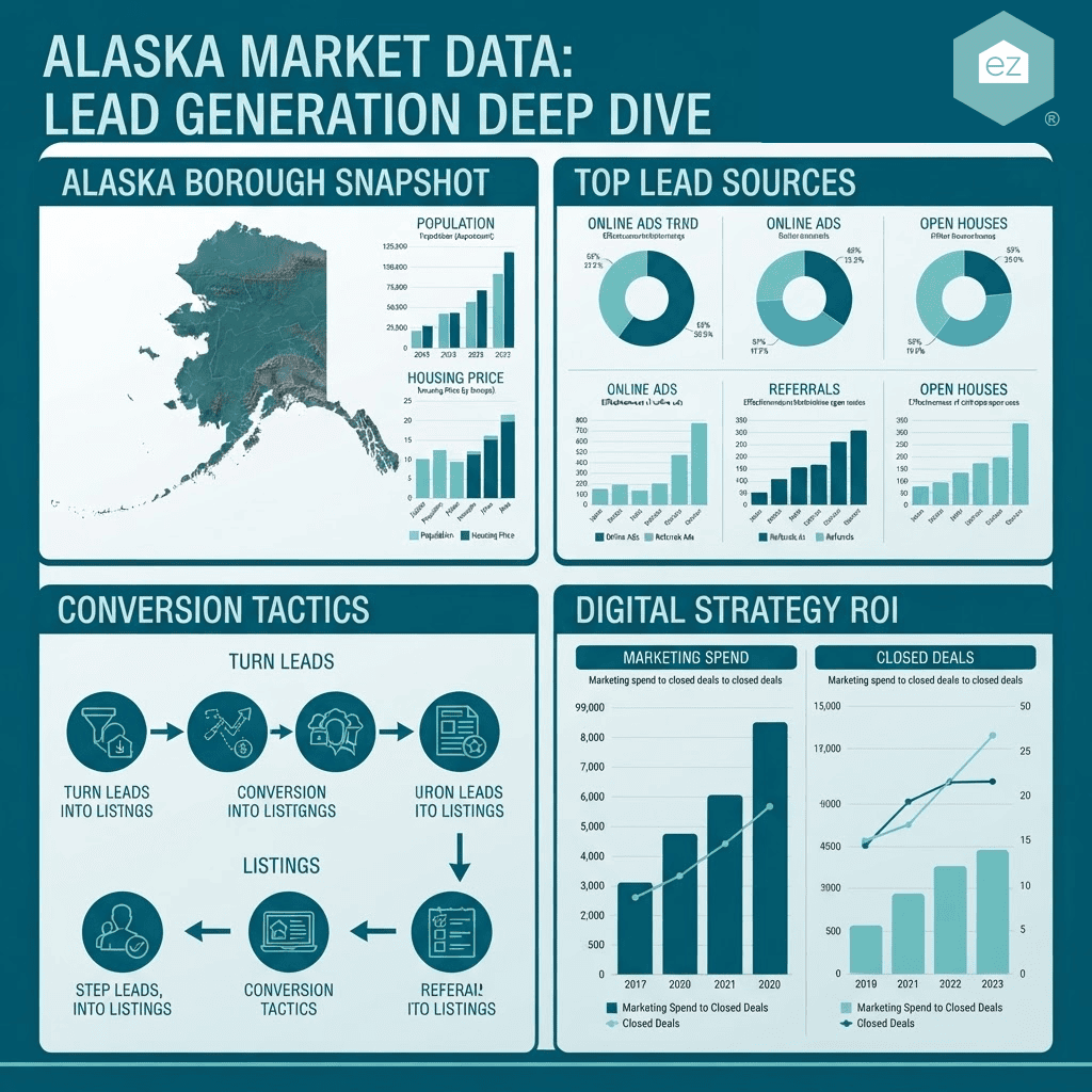 Infographic showing Alaska real estate lead generation data, including population, housing price, Alaska real estate leads sources, conversion tactics, marketing spend, and closed deals trends from 2021 to 2023.