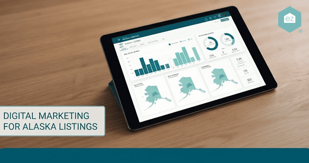 A tablet on a wooden table displays analytics and maps of Alaska. Text overlay reads, “DIGITAL MARKETING FOR ALASKA LISTINGS.” The image highlights innovative strategies to generate Alaska real estate leads.