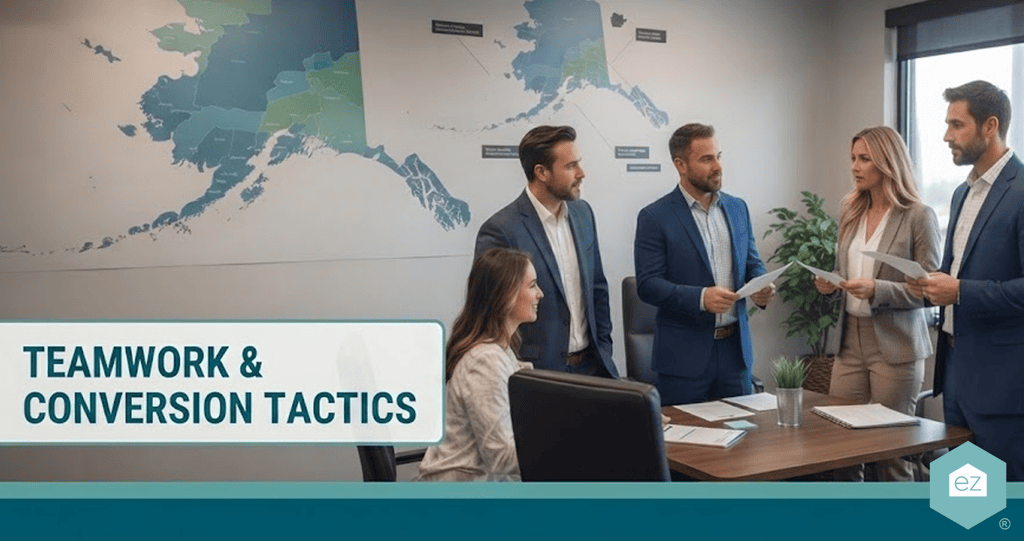Five business professionals have a discussion in a modern office, with a large map on the wall and documents on the table. A banner reads “Teamwork & Conversion Tactics,” as they strategize fresh approaches for generating Alaska real estate leads.