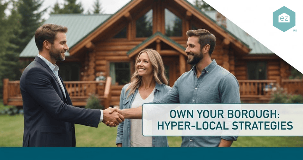 Two men shake hands and a woman smiles outside a wooden house, with a banner reading “Own Your Borough: Hyper-Local Strategies”—an essential approach for generating Alaska real estate leads.