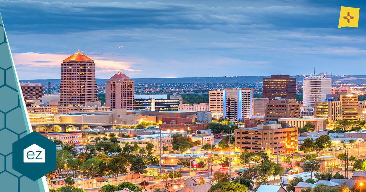 Downtown Albuquerque, New Mexico skyline at dusk