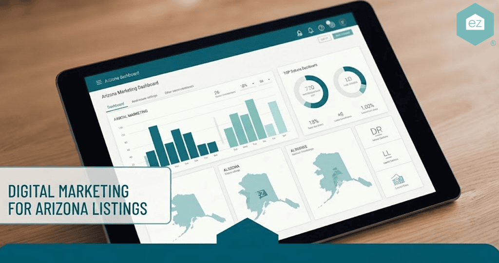 A tablet displays a digital marketing dashboard with charts and data; text on screen reads “Digital Marketing for Arizona Listings,” highlighting strategies to generate quality Arizona real estate leads.