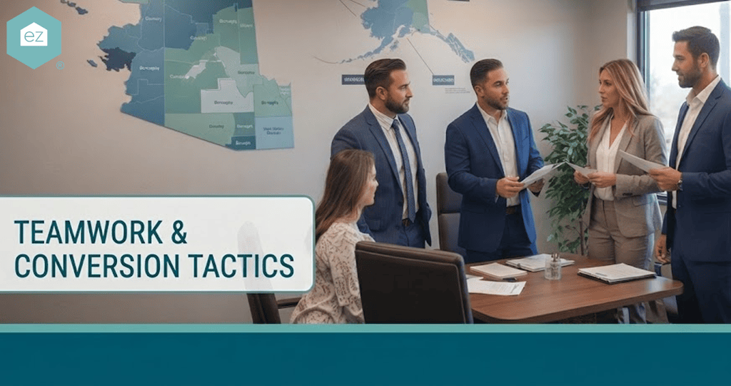 Five professionally dressed people discuss paperwork in an office with regional maps on the wall, strategizing about Arizona real estate leads. Text on the image reads “Teamwork & Conversion Tactics.”.