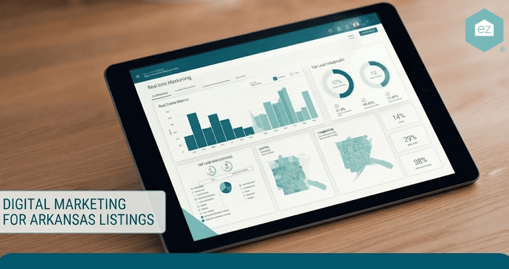 Tablet displaying real estate marketing analytics dashboard with charts, graphs, and maps; text reads “Digital Marketing for Arkansas Listings.” Perfect for generating Arkansas real estate leads.