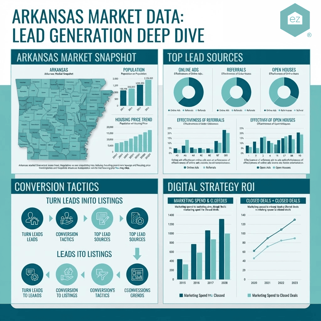 Infographic showing Arkansas real estate leads generation data, including top lead sources, conversion tactics, digital ROI charts, and a state market snapshot.