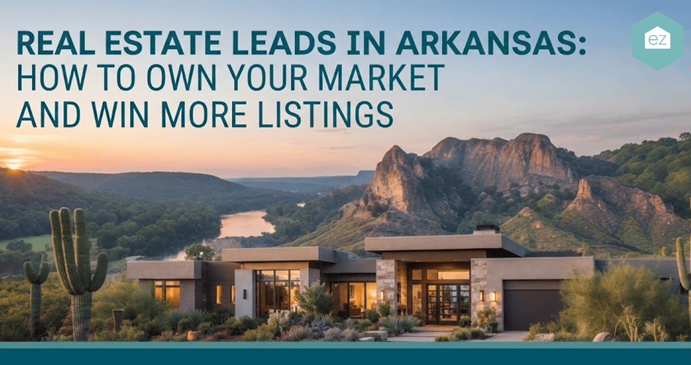 Modern house with large windows, desert landscaping, and mountains in the background. Text details effective Arkansas real estate lead strategies to help you generate valuable Arkansas real estate leads.