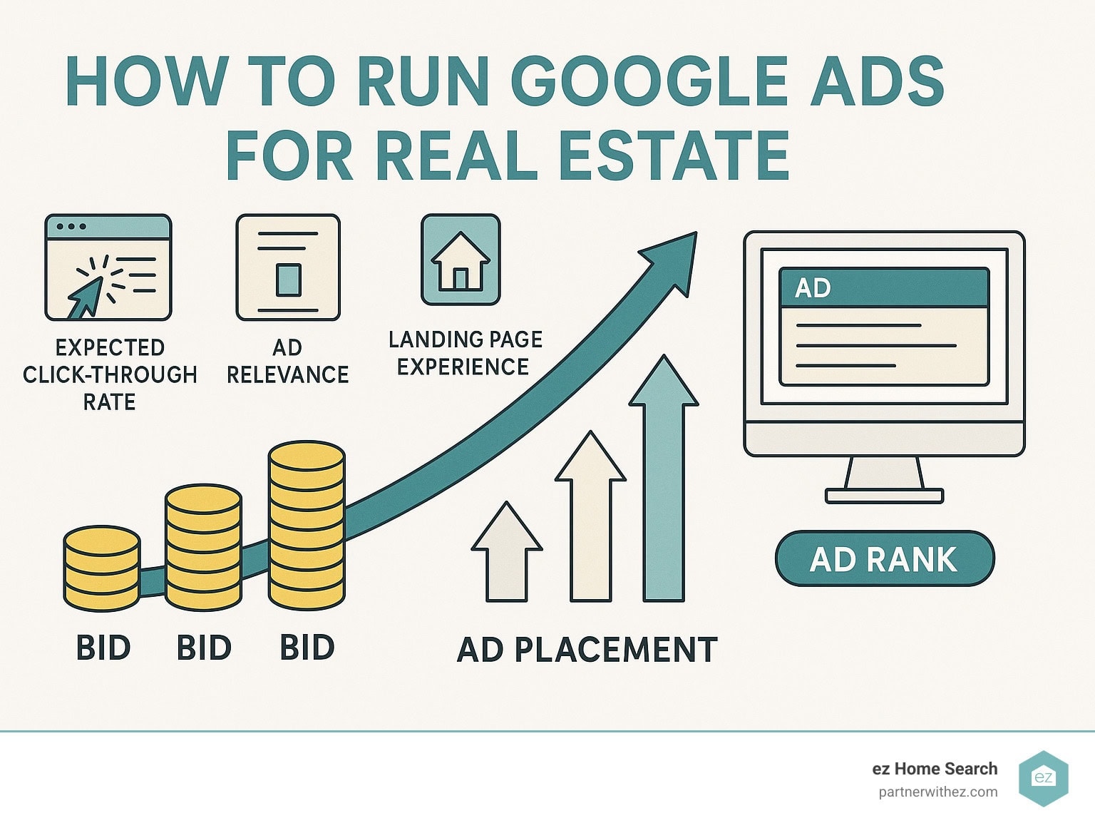 Infographic showing Google Ads auction process with Quality Score factors, bid amounts, and ad placement hierarchy for real estate keywords - how to run Google Ads for real estate infographic