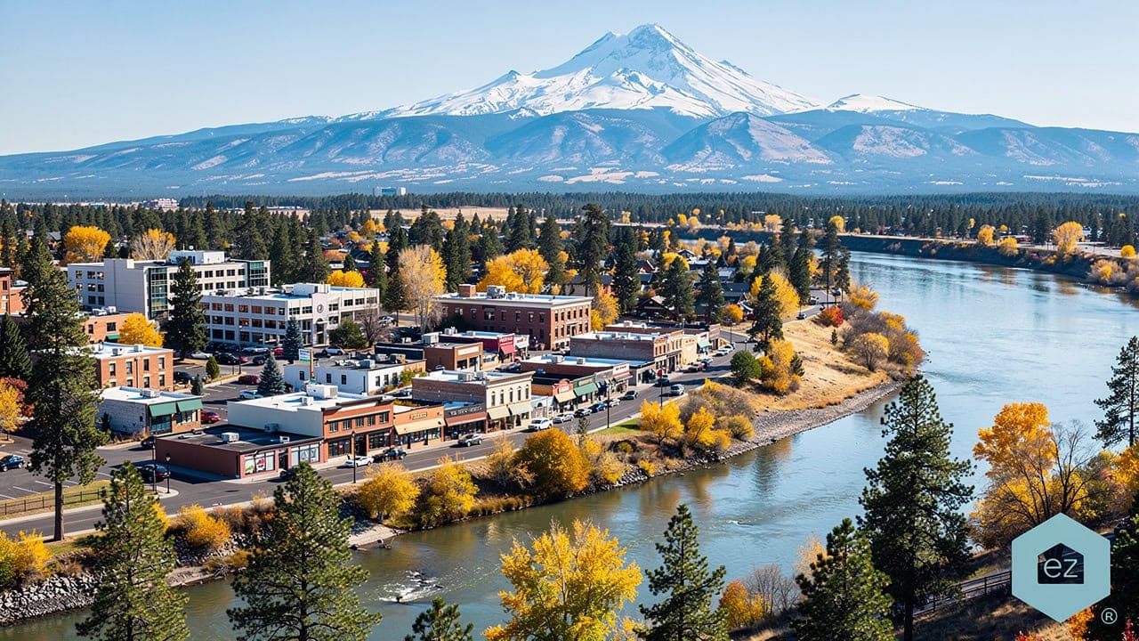 Aerial view of Bend, Oregon in autumn with Mount Bachelor rising behind the town