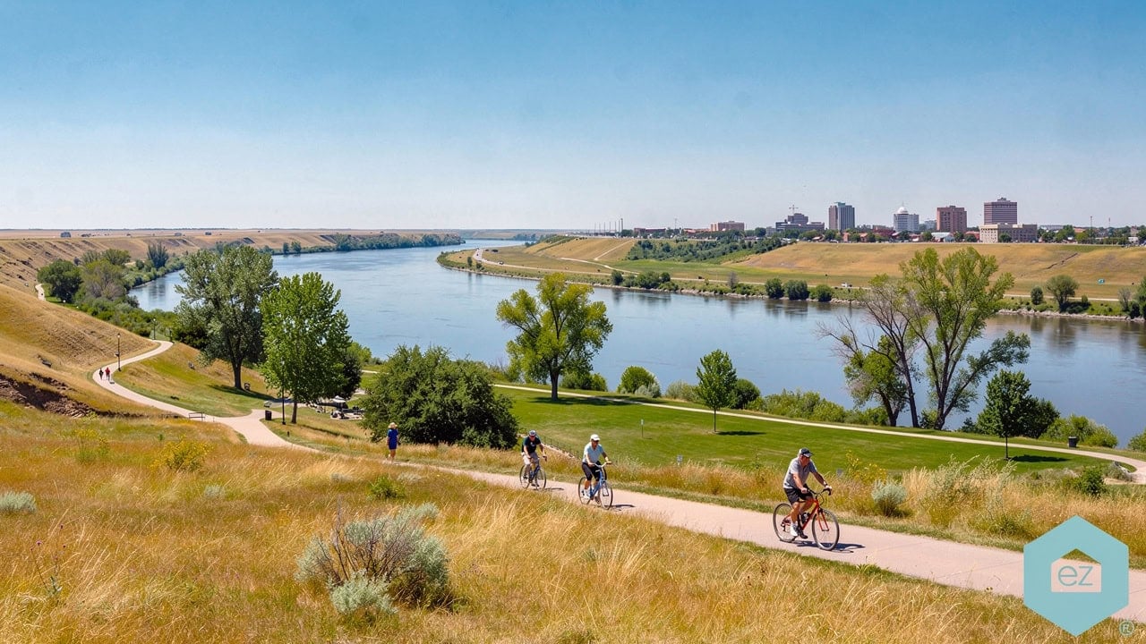 Cyclists on a paved riverside trail in Bismarck, North Dakota, with the city skyline behind