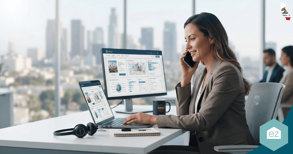 Woman in business attire works at a desk with a laptop and monitor, speaking on the phone about California real estate leads in a modern office with a city skyline visible through the window.
