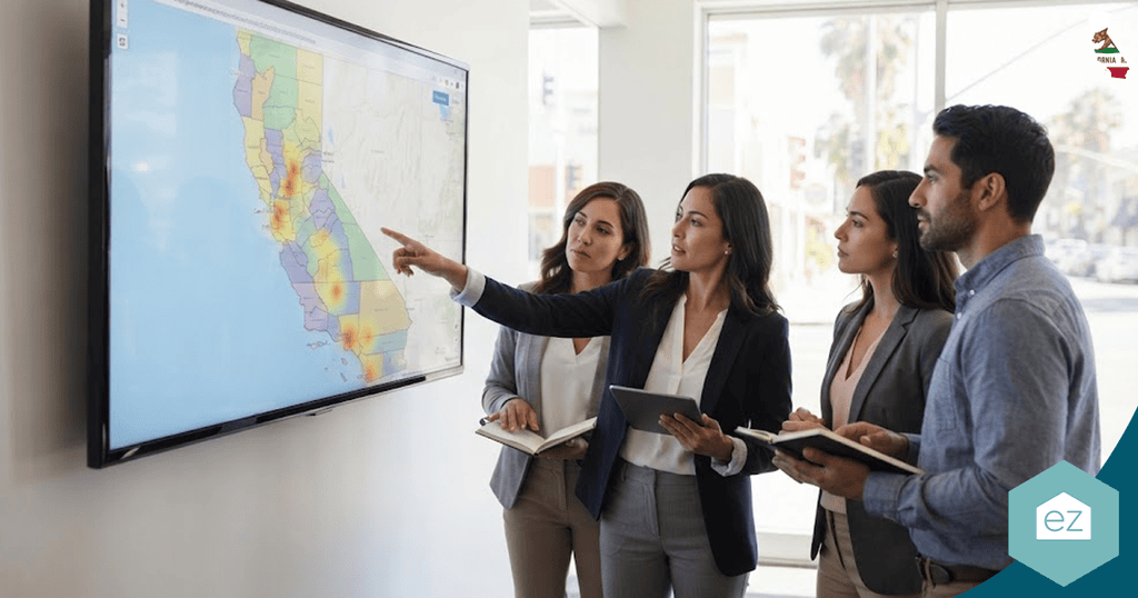 Four professionals look at a large screen displaying a color-coded map of California, with one woman pointing at the map while others take notes—analyzing valuable California real estate leads to inform their next strategic decisions.