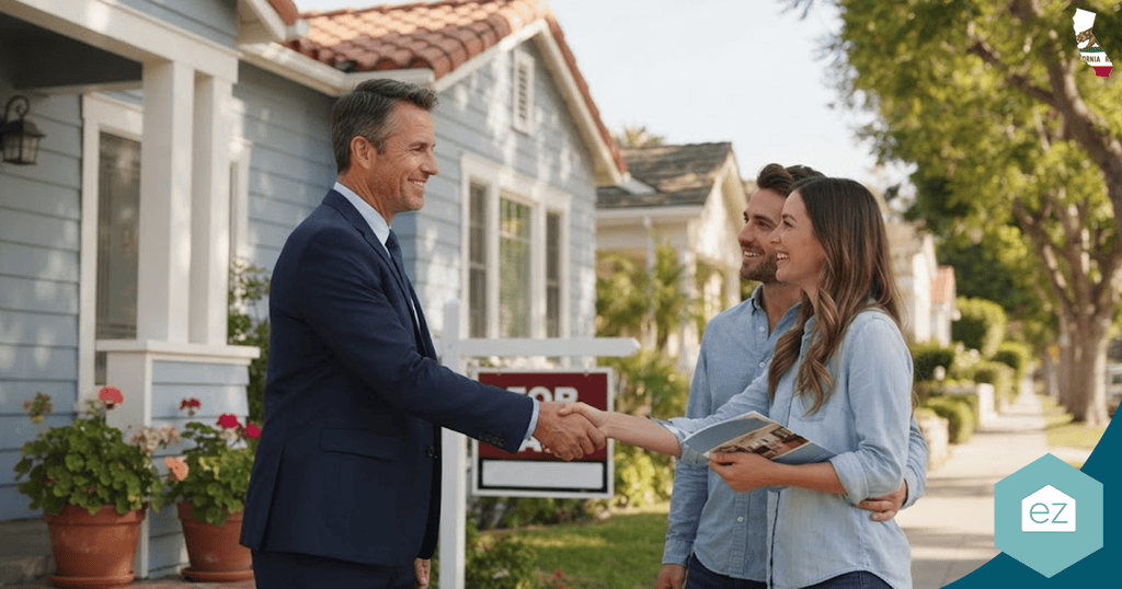 A man in a suit shakes hands with a smiling couple outside a house with a “For Sale” sign, celebrating their success thanks to valuable California real estate leads. The couple holds papers and stands on a sidewalk lined with houses.
