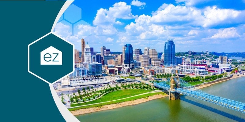 Aerial view of Cincinnati, Ohio and the Ohio River