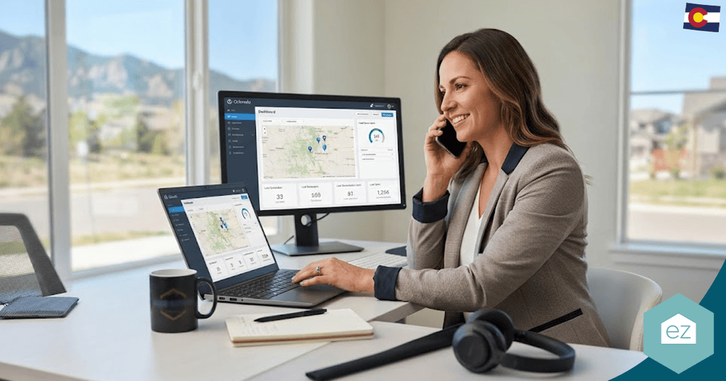 Woman in an office speaks on the phone while using a laptop and monitor displaying data dashboards; a headset, mug, and Colorado flag are visible, suggesting she’s following up on Colorado real estate leads.